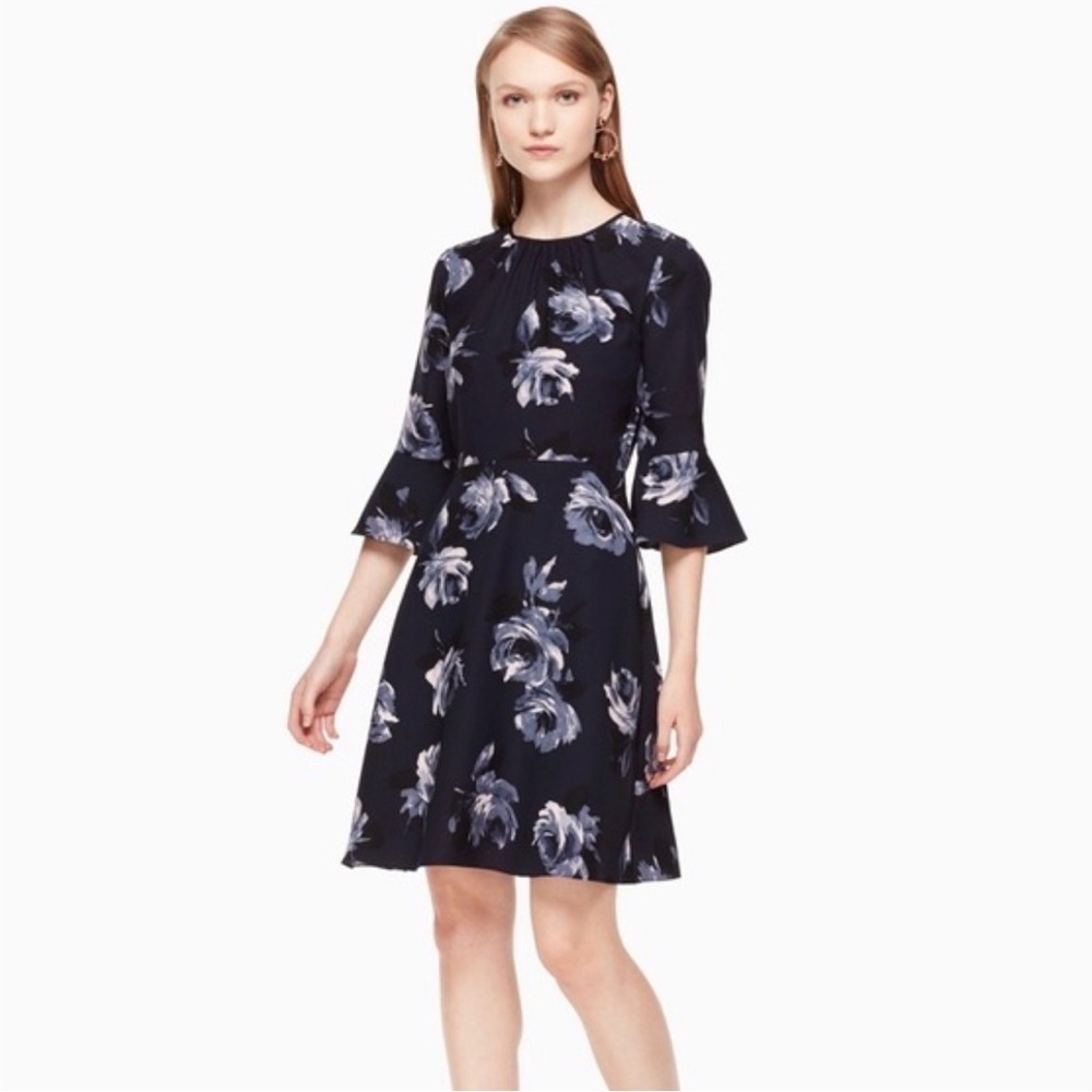 Kate Spade Night Rose Crepe Dress Size 4 NWT Navy Floral Bell Sleeve A-Line
